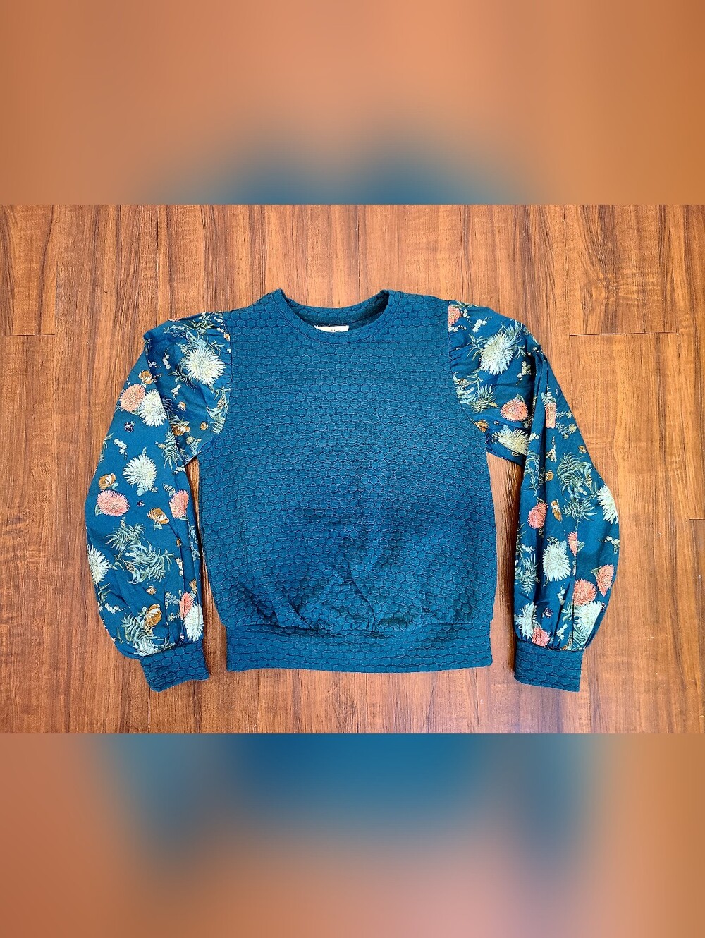 Anthropologie Porridge Teal Textured Floral Puff Sleeve Sweatshirt Blouse